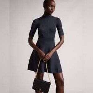 NWT $260 Ted Baker Skater Dress Ribbed Knit Mock Neck‎ Fit Flare Dark Blue S